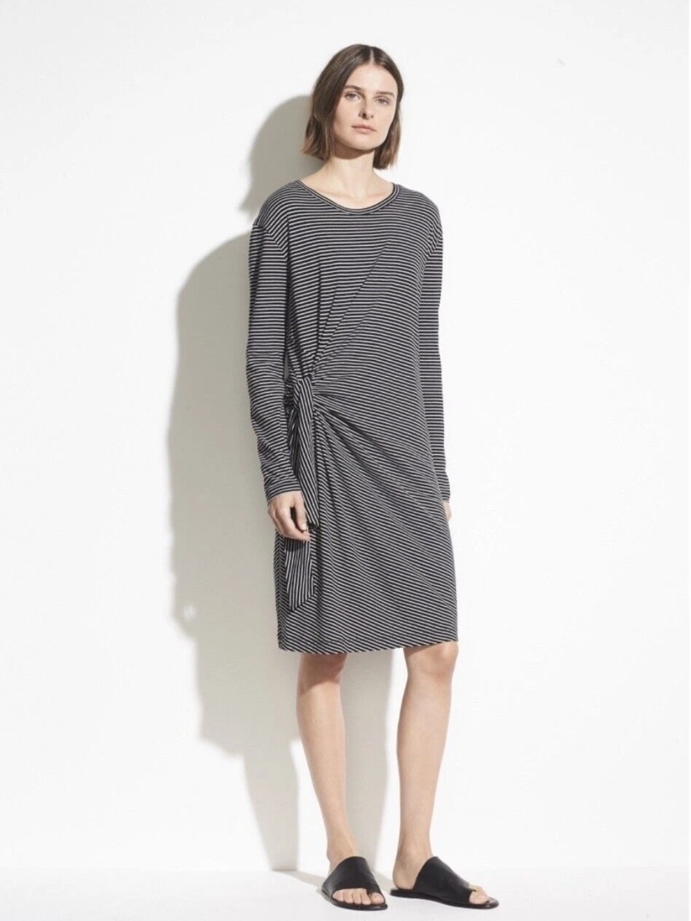 Vince Striped Jersey Knit Side Tie Midi Dress Black White Stretchy Minimalist S
